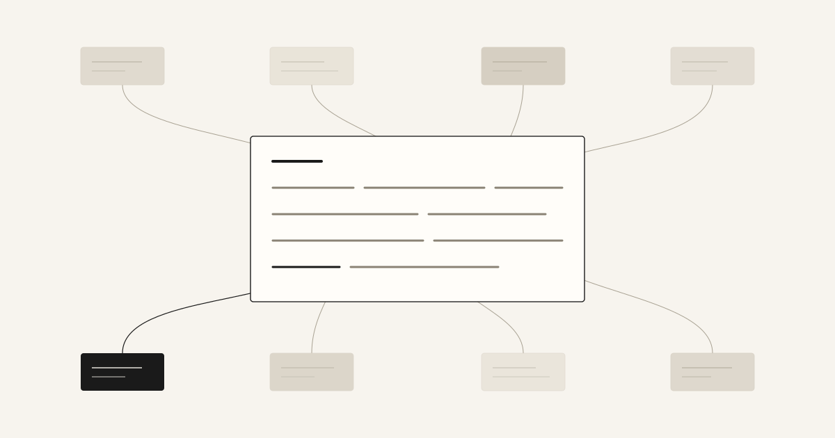 Abstract illustration of a single answer card in the centre, its lines stitched by thin threads from eight source tiles around it, only one of which is dark