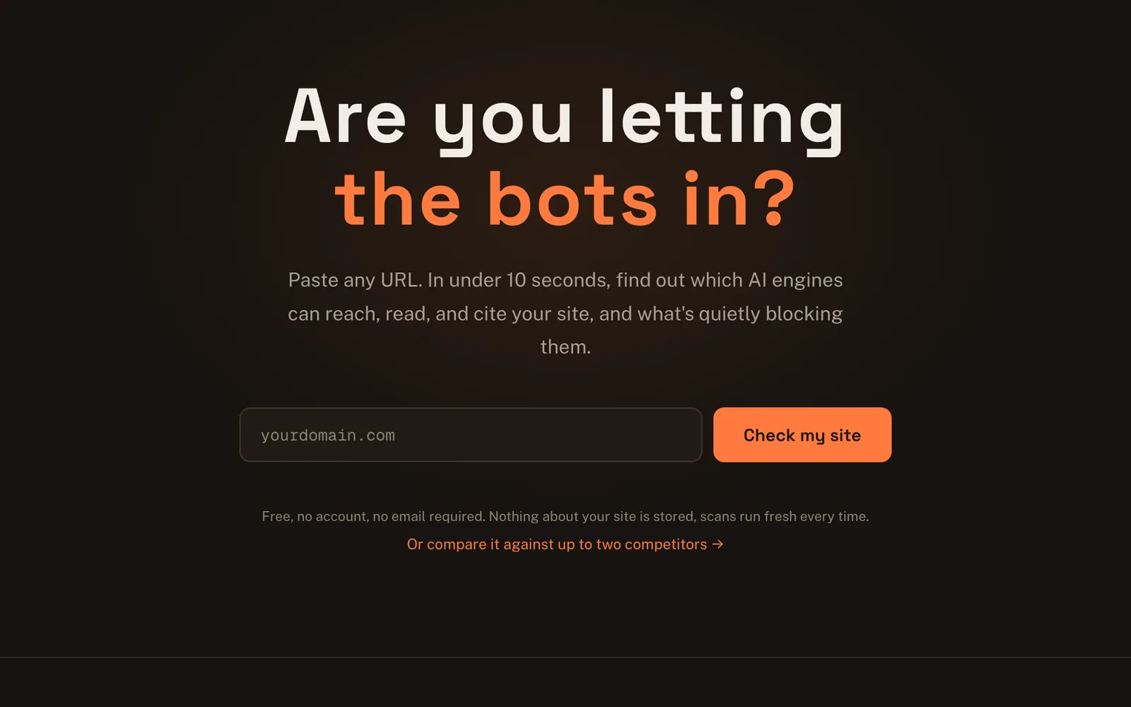 The Letthebots homepage: "Are you letting the bots in?" above a domain field and a Check my site button