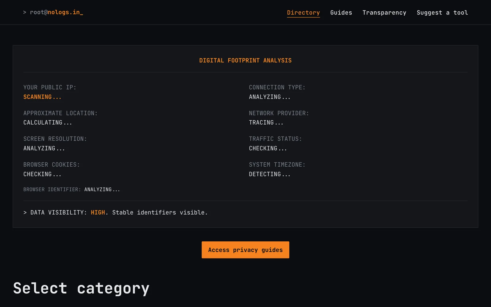 The NoLogs homepage: a terminal-styled digital footprint analysis panel above the tool categories