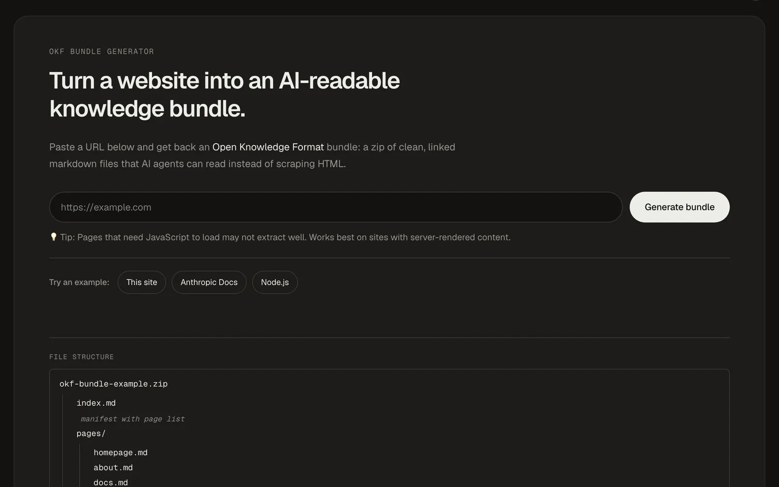 The OKF Bundle Generator: a URL field with a Generate bundle button and the file structure of an example bundle