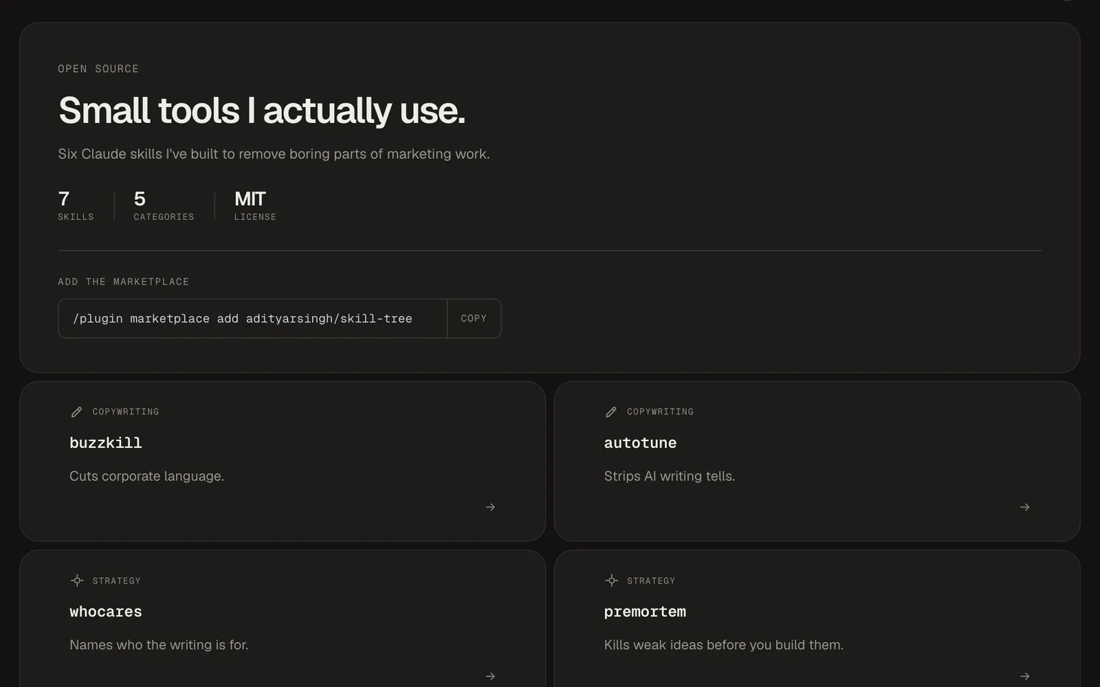 The AI Skills directory: "Small tools I actually use." above a grid of skills such as buzzkill and autotune